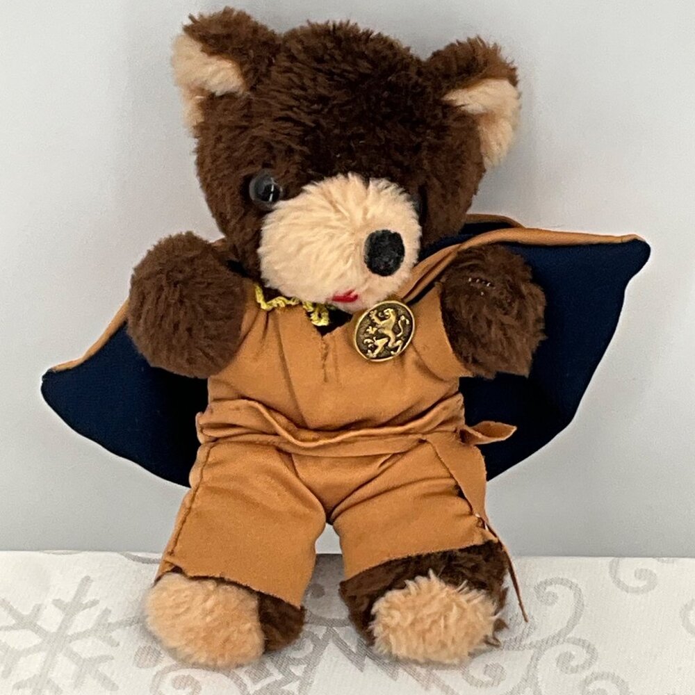 Vintage Plush Teddy Bear In Brown Cape With Gold Button & Embroidered Lion Emble